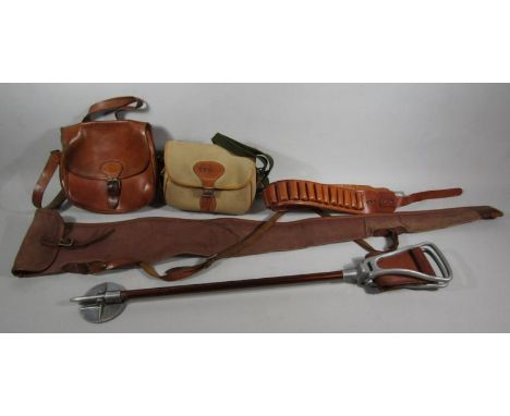 Two cartridge bags, cartridge belt, canvas gun slip case and a shooting stick.