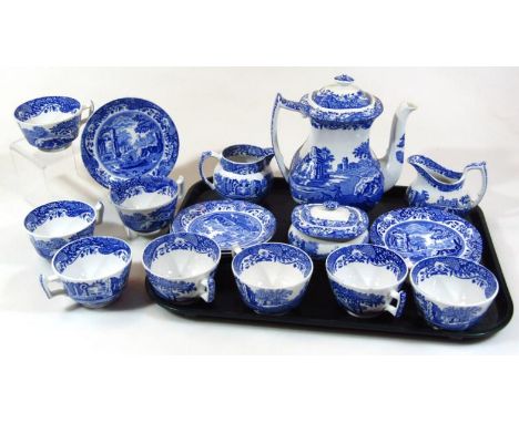 A Copeland Spode Italian pattern blue and white part coffee service, comprising coffee pot, 25cm high, milk jug, cream jug, l