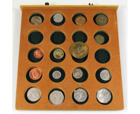 A Liberty style button, raised with the profile of a lady, 3cm diameter, and a quantity of various low denomination coins, to