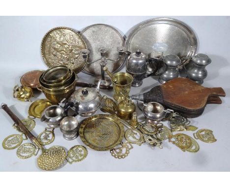 Various silver plate, brassware, metal ware, etc., to include a pair of leather and oak fire bellows 47cm wide, silver plate 