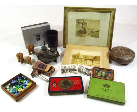 Various bygones, collectables, etc., to include a rare Queen Victoria South African tin centred by a medallion, 15cm wide, Lo