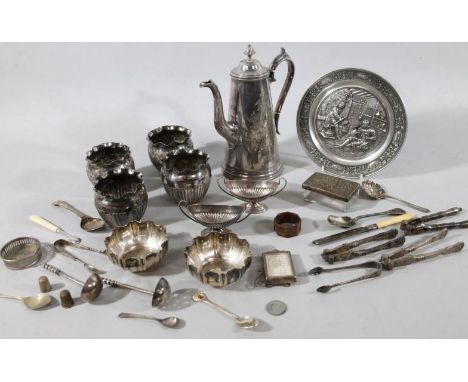 Various silver plate, to include a Queen Anne style coffee pot, of tapering silver outline, chased with flowers with a thumb 