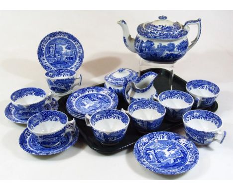 A matched Copeland Spode Italian blue and white part tea service, comprising teapot, 13cm high, milk jug, lidded sucrier, eig