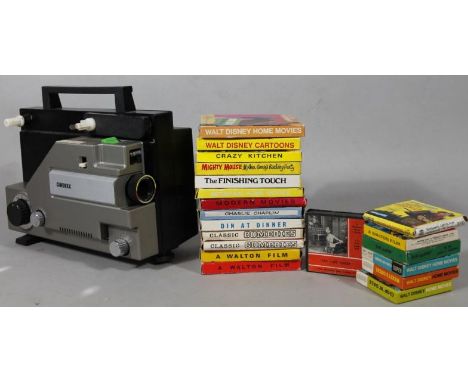 An 8" movie projector and a quantity of various films, to include Walton films, Din at Dinner, Charlie Chaplin, The Finishing