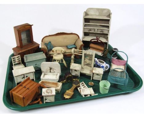 Various doll's house furniture, to include a Victorian style sofa, 18cm wide, mangle, dresser, chairs, towel rail, clock, etc