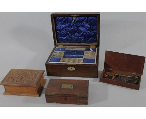 A 19thC rosewood jewellery box, with (vacant) mother of pearl cartouche and part fitted interior, 13cm high, 29cm wide, 20cm 