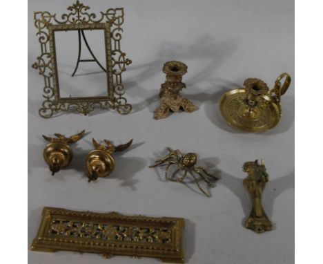 Various brassware, to include an early 20thC photograph frame, of highly elaborate pierced form, centre by a flowerhead with 