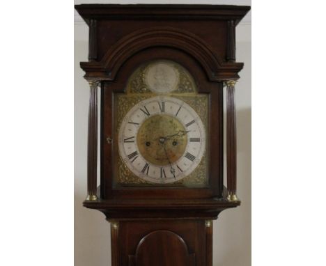 A late 18thC mahogany eight day longcase clock, with (later) arched dial, centred by a ship with silver chapter ring, with Ro