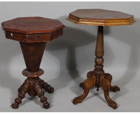 A 19thC pine stained work box, with octagonal top with hinged lid revealing a part fitted interior, velvet lined on a shaped 