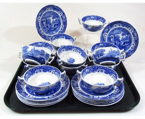 Twelve Copeland Spode Italian blue and white soup bowls and saucers, printed marks beneath. (24)