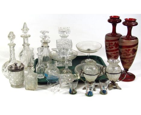 Various 19thC and later glassware, to include a pair of Bohemian style flash glass red and frosted vases, 34cm high, various 