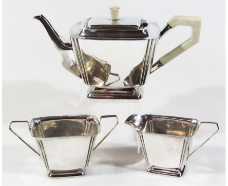 A mid 20thC Art Deco silver plated three piece tea service, comprising teapot, 16cm high, two handled sugar bowl and milk jug