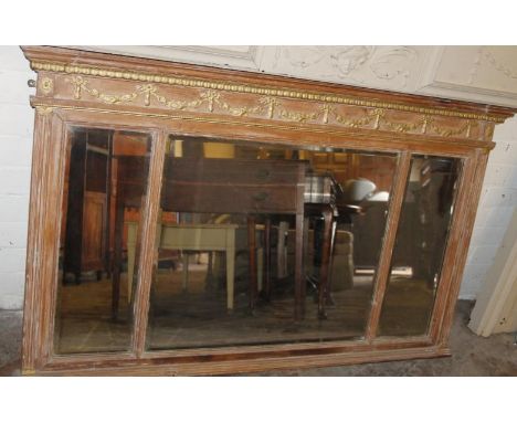 A late 19thC limed oak and giltwood Neo-Classical mirror, the three panel glass surmounted by a column of garlands and bell f