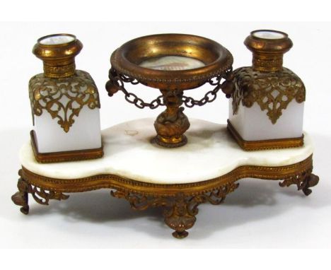 A 19thC Grand Tour style desk inkwell, on a figure of eight base, set with open urn and two inkwells, each with hand painted 