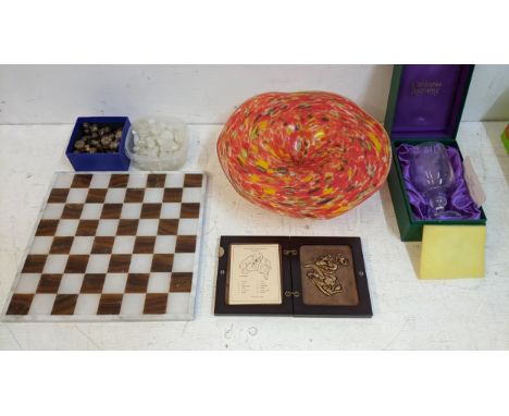 A Murano glass dish, an onyx chess and draught set with board, Caithness Winbolden goblet and Australian puzzle, Location: G 