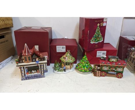 Villeroy & Boch Christmas related ceramics comprising three tea light holders, Nostalgic Villages and a musical box Christmas