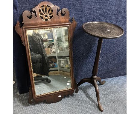 A Georgian mahogany Chippendale style wall hanging mirror, together with a small tripod occasional table Location: RWB 