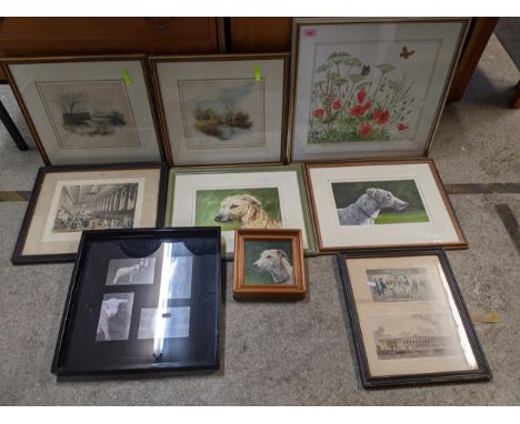 A mixed group of watercolours, prints and an oil painting to include an oil on board portrait of a dog, pair of watercolour l