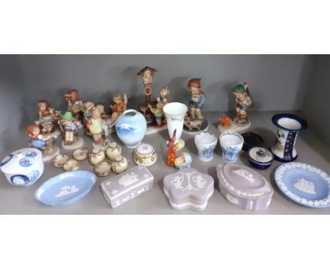 Late 20th century ornaments to include a quantity of Hummel figures, lilac and blue Wedgwood Jasperware, small OrientalsLocat