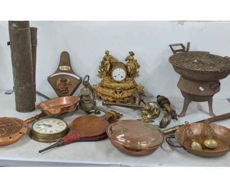 A mixed lot of mostly metalware to include Victorian copper cookware, a 19th century fog horn, light fittings, and guilt cloc