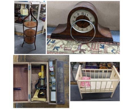 A mixed lot to include late Victorian cake stand, an oak mantel clock, dolls bed and a boxed microscope with slidesLocation: 