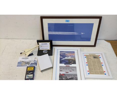 Concorde collectables to include a 2013 20z silver Numis proof coin, boxed, a plastic model on stand a limited edition print 