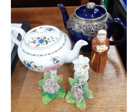 A Doulton blue glazed tea pot A/F with pierced silver overlay together with a Shelley 'Chelsea' teapot, two Royal Worcester e