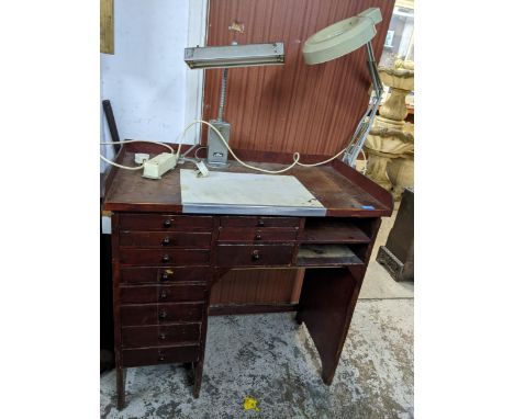 Victorian mahogany watch makers work bench with fixed desk lights and attached anglepoise magnifier with integrated light, th