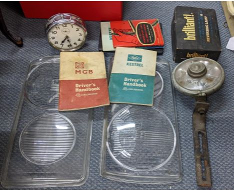 Motoring accessories to include vehicle handbooks for an Austin 1100, a Riley Kestrel, an MG MGB, a Bentley MK V1, a Morris E