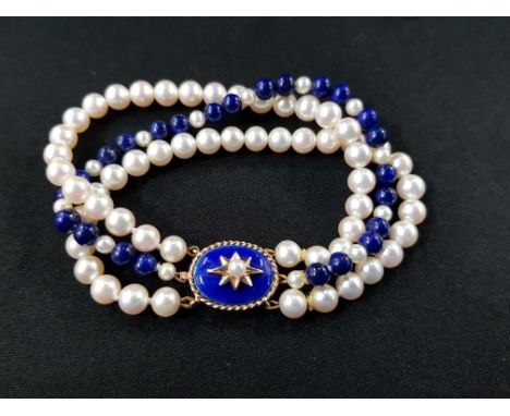 3 STRAND PEARL, LUPIS AND GOLD ENAMEL CLASP