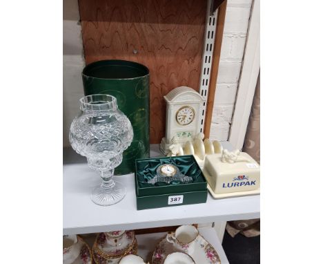 SHELF LOT TO INLUDE TYRONE CRYSTAL LURPAK TOAST RACK, BUTTERDISH, BELLEEK CLOCK AND TYRONE CLOCK