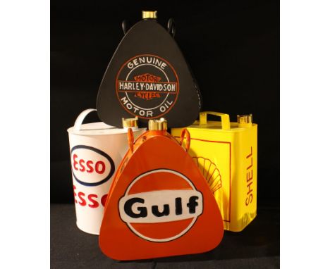 A reproduction Harley-Davidson Motor Oil can; others, Shell, Esso, Gulf (4) 