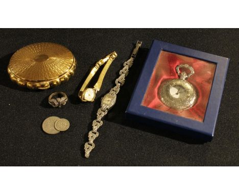 A marcasite dress watch;  a marcasite ring;  a modern half hunter fob watch;  a Minuette powder compact;  etc 