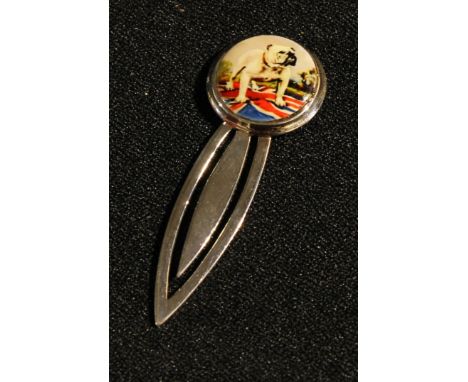 A silver and enamel novelty bookmark, the circular terminal decorated with a British bulldog, marked Sterling 