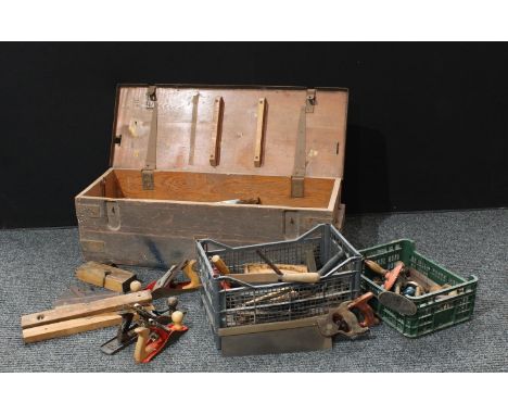 Tools - a pine chest containing an assortment of hand tools including Stanley planes, files, levels, mallets, saws, etc 