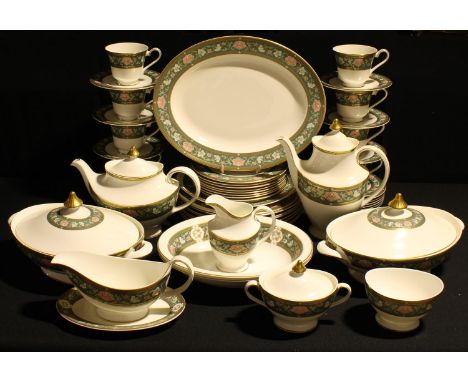 A Royal Doulton Tudor Court pattern dinner and tea service for eight, comprising dinner plates, dessert plates, side plates, 