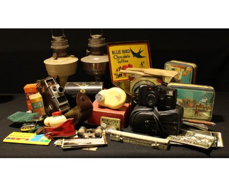 A papier mache domed jewellery box, late 19th century; a Bell and Howell cine camera; postcards, topographical and souvenir; 