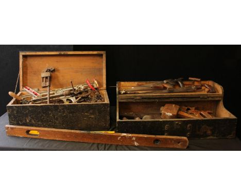 Two carpenter's tool chests and tools including Marples 6809 square and mitre cutter; hand drills; razor saw, keyhole saws an