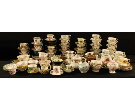 A Staffordshire Colclough floral printed part tea set, pattern number 7132; other Staffordshire part tea sets including Aynsl