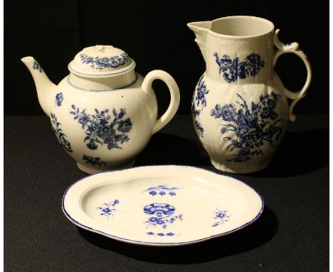 A Caughley globular tea or punch pot and cover, printed in underglaze blue, 17cm high, printed S mark, c. 1780; a Caughley ma
