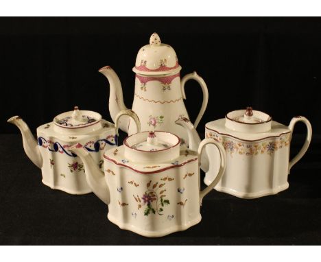 A New Hall baluster coffee pot and cover, pattern 118, 26cm high, c. 1800; three New Hall commode-shaped teapots, including p