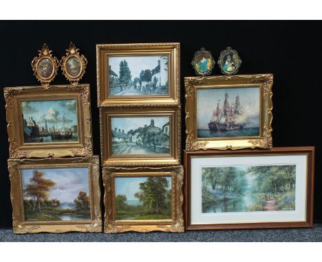 Terry Harrison, The Towpath Gate, signed print, 22cm x 42cm; H Chilton, landscape, oil on board, 19cm x 24cm; other paintings
