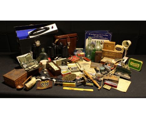 Boxes and Objects - a Croxley fountain pen with 14ct gold nib; a pair of Carl Zeiss binoculars; advertising tins and bottles;
