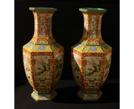 A large pair of Chinese hexagonal Zodiac vases, 56cm high, seal marks 