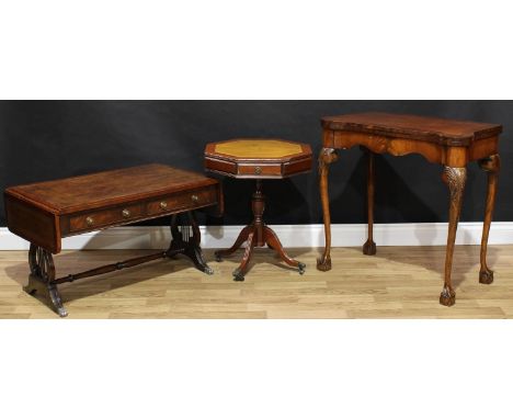 A George II style fold-over card table; a Regency style low sofa table, lyre end supports; a Regency style octagonal 'drum' o