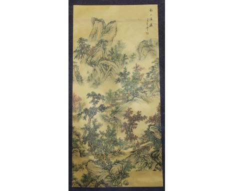 A large Chinese scroll, landscape, boxed 