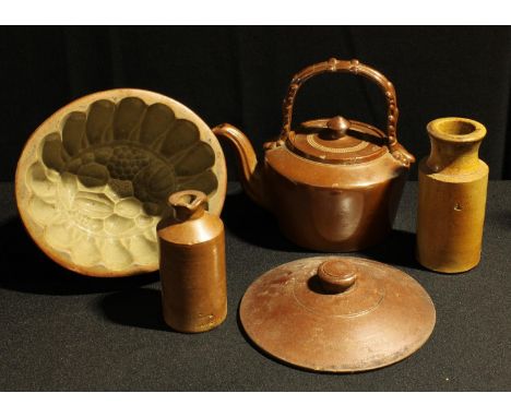 A 19th century salt glaze jelly mould; others, kettle, ink pourer, blacking jar, etc (5) 
