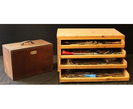 An engineers portable tool cabinet; a scratch built four drawer tool cabinet and tools including pliers, drill bits, files, m