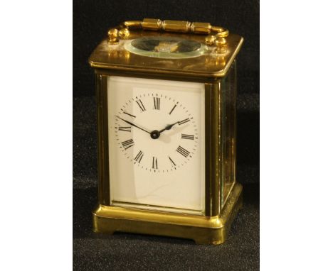 A lacquered brass carriage timepiece, 8cm x 5cm rectangular enamel dial with Roman numerals and minute track, stamped 246 to 