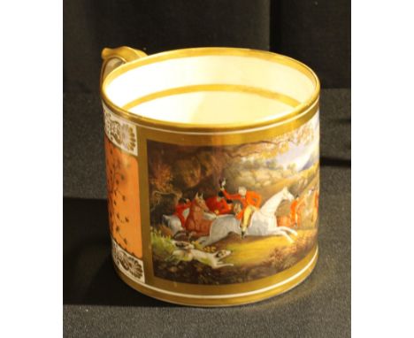A Grainger Lee &amp; Co Worcester porter mug, well-painted with a fox hunt through a hilly landscape, orange ground gilt with